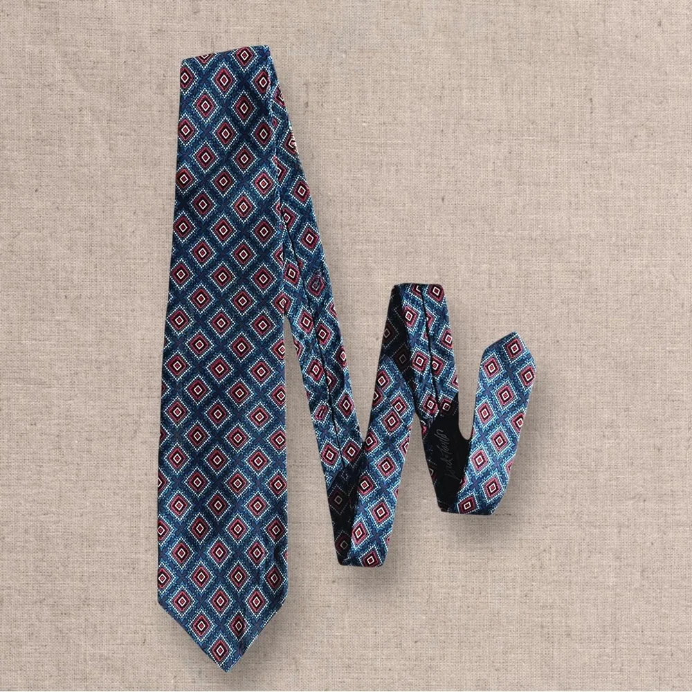 Christian Dior Silk Tie Mens Blue Red Geometric Diamond Pattern Luxury Designer